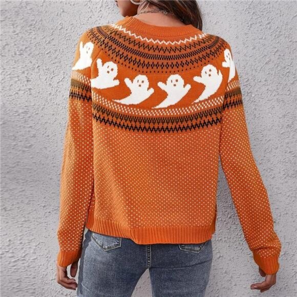 Women’s Casual Leopard Print Pullover: Long Sleeve Crew Neck Sweater - Picture 6 of 7